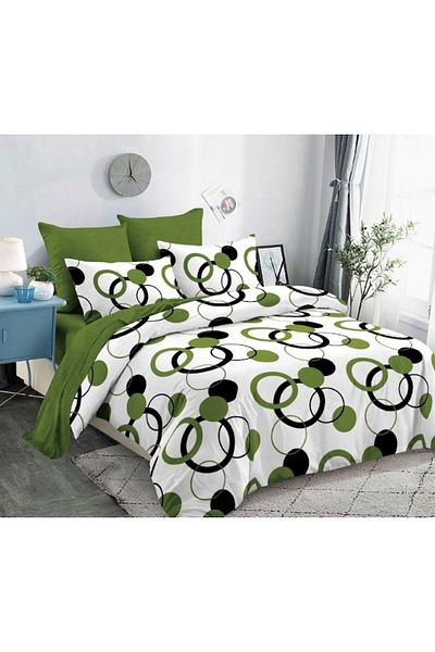 OEM Lenjerie de Pat, Finet, 6 piese, 2 persoane, 230x250cm, Imprimeu Cercuri, Alb-Verde