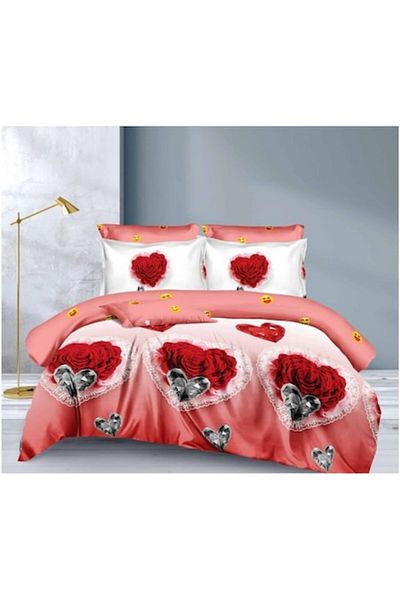 OEM Lenjerie de pat dublu, 6 piese, 2 persoane 180x200 cm, imprimeu inimi de trandafiri, multicolor