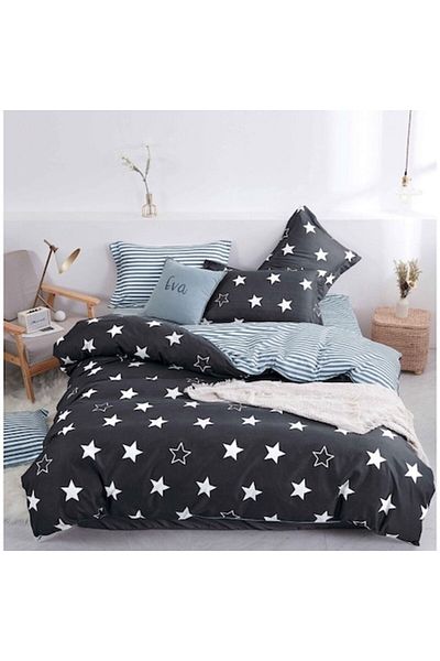 OEM Double Bed Sheet, Satin Cotton, 4 Pieces, Star and Stripe Print, Gray-White