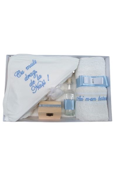OEM Trusou pentru botez, 'Cu mult drag de la Nasi', 7 piese, Bleu cu pietre