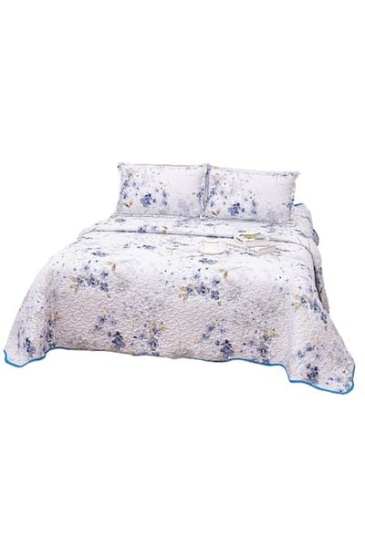 OEM Cuvertură de pat, microfibră, 3 piese, 2 persoane, 220x240cm, imprimeu floral, alb-liliac