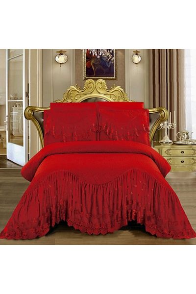 JOJO HOME Set cuvertura cu volane si 2 fete de perna, pentru pat dublu, rosu, 220x280 cm