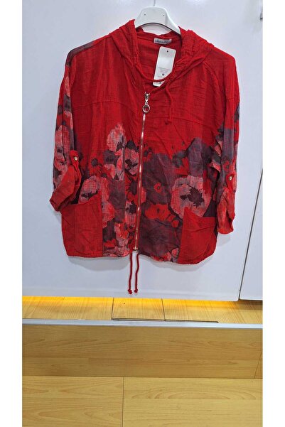 NUR TEKSTİL Kadın kırmızı Kapüşonlu Fermuarlı Torba Cepli Oversize Salaş Pamu...