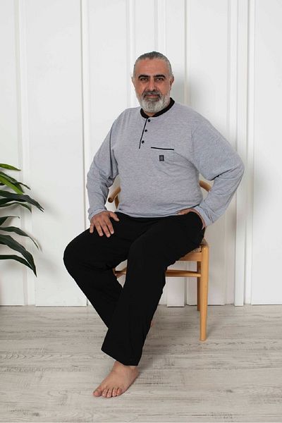 KAPİTEX Σετ ανδρικές πιτζάμες μεγάλου μεγέθους με μακρύ μανίκι με έξι τσέπες σε γκρι μελανζέ χρώμα