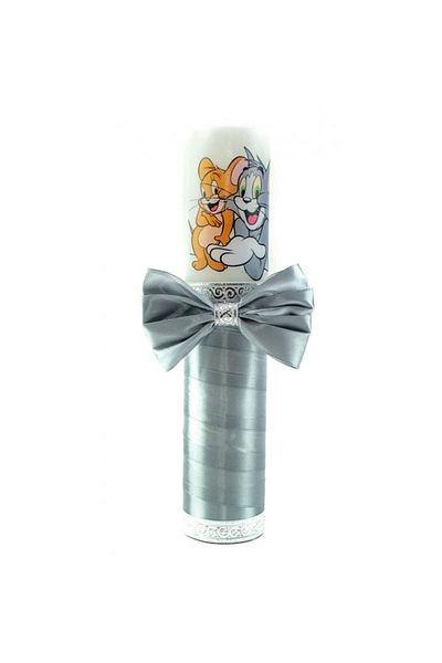OEM Lumânare de botez, Tom și Jerry, panglică gri, 30x6,5cm