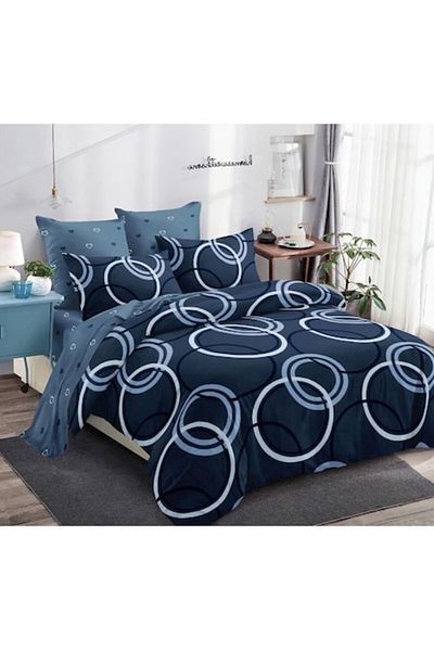 OEM Lenjerie de Pat, Finet, 6 piese, 2 persoane, 230x250cm, Imprimeu Cercuri, Bleumarin