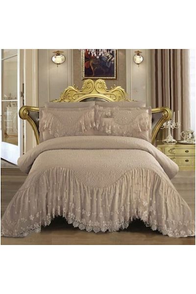JOJO HOME Cuvertura si fete de perna Lux Matlasate, cu volanase brodate, Jojo Home, 3 piese, 2 persoane, 220x2
