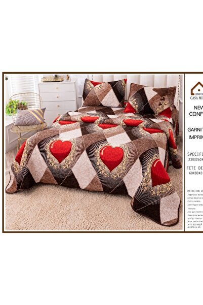 OEM Bedspread, Cotton and Linen, 3 pieces, 2 people, 230x250cm, Hearts Print, Multicolor