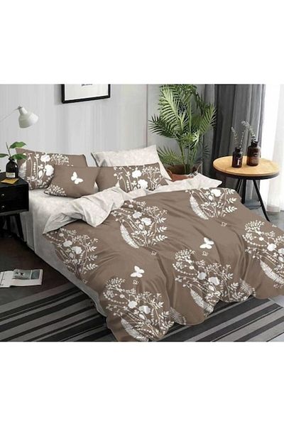 Pucioasa Cearșaf dublu Pucioasa, Finet, 6 piese, 2 persoane, imprimeu alb, 245x250cm, maro-bej