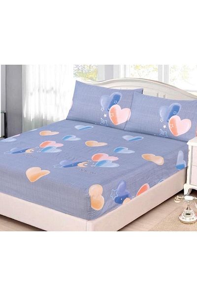 OEM Husa de pat, 1 persoana, cu elastic, 2 piese, imprimeu inimioare, multicolor, 140x200 cm