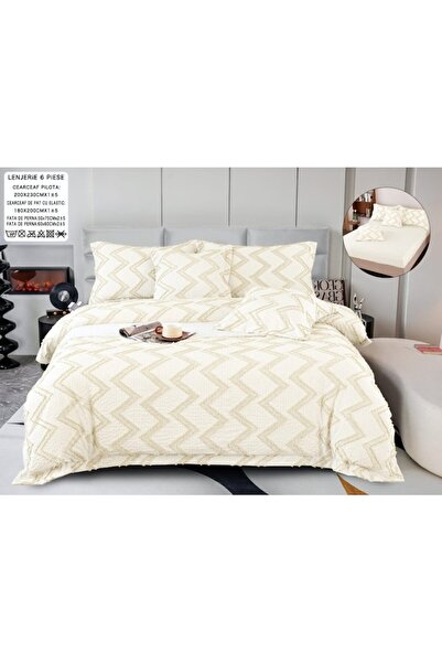 OEM Luxury bed linen set, cotton and linen, wave design, 6 pieces, 180x200cm, ivory