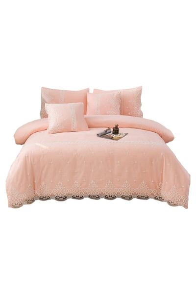 OEM Elegant Bedding Set, Fine Cotton Lace, 6 Pieces, Double Bed, 180x200cm, Bicolor White-Salmon