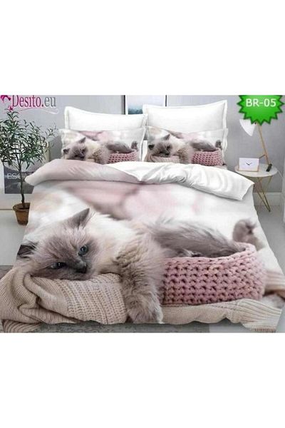 OEM Double Bed Linen, 230x250 cm, 6 pieces, 2 people, 3D, soft fabric, cute kitten print, multicolor