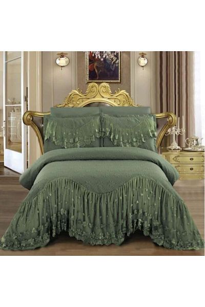 JOJO HOME Lux Quilted Bedspread and Pillowcases with Embroidered Ruffles, Jojo Home, 3 Pieces, 220x280cm, Gree