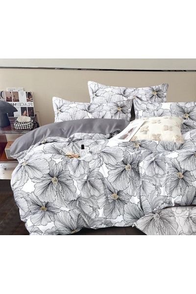 OEM Double Bed Sheet Set, 6 Pieces, 240x250cm, Satin Cotton Material, Floral Print, White-Grey