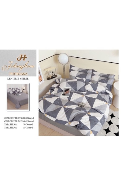 OEM Double bed linen, 6 pieces, 2 persons, 240x250cm, Satin Cotton Material, Triangles print, A
