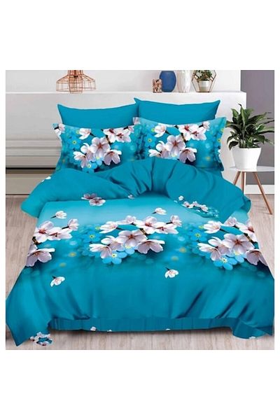OEM Lenjerie de pat dublă, 6 piese, imprimeu fin cu flori albe 3D, 2 persoane, 240x250cm, albastru-alb