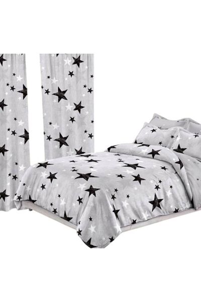 OEM Elegant Bedroom Set, Bed Linen and Curtains, 8 pieces, Fine Print, Gray-Black