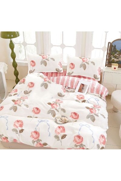 OEM Lenjerie pat, Imprimeu Bujori, 4 piese, 1 persoana, 155x220cm, Finet Satinat, Alb-Corai