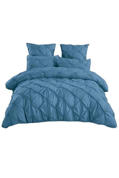 OEM Lenjerie de Lux, Uni, Model Pliuri Brodate, 6 piese, Finet, 235x240cm, Albastru