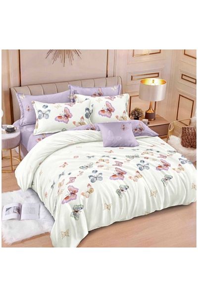 OEM Double Bed Sheet Set, Reversible, 6 Pieces, Butterfly Multicolor Print, 2 Persons, 240x250cm, Satin