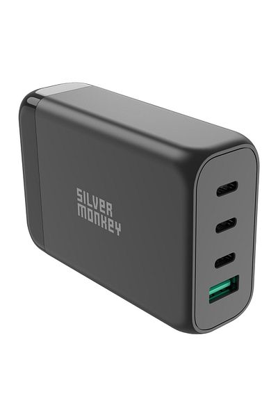 Silver Monkey Încărcător de perete GaN 130W cu cablu de alimentare 3xUSB-C PD USB-A QC 3.0 negru