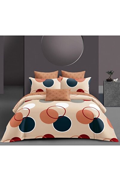 OEM Bed Linen, Satin Cotton, 4 Pieces, 2 Persons, Circle Print, 180x200cm, Beige-Black