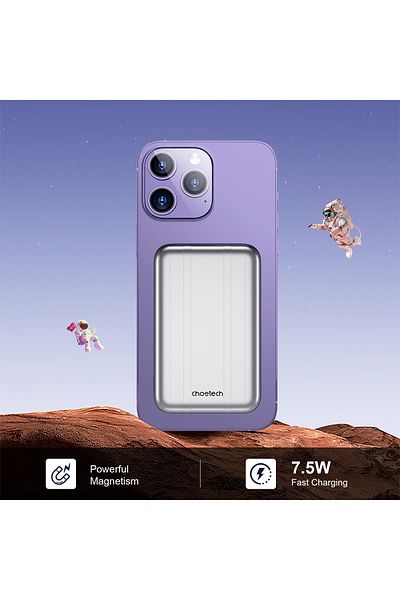 CHOETECH Mały lekki powerbank indukcyjny 5000mAh MagSafe USB-A USB-C srebrny