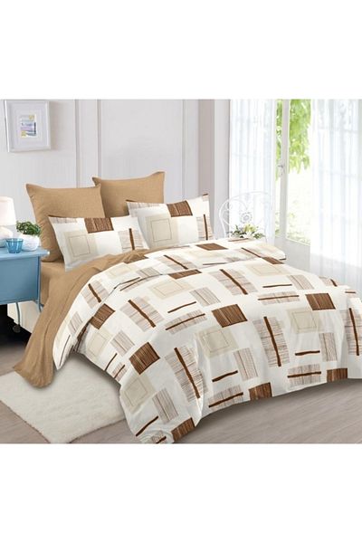 OEM Double Bed Linen, Abstract Print, Reversible, 6 Pieces, 2 Persons, 180x200cm, Finet, Beige Shades
