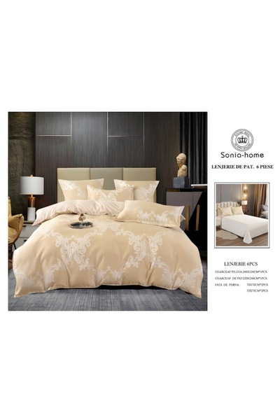 OEM Double Bed Linen, 6 Pieces, 2 Persons, 220x240 cm, Abstract Print, Cappuccino