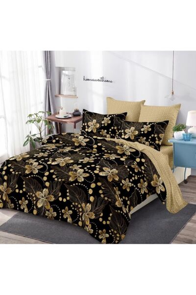 OEM Lenjerie de pat, Finet, 6 piese, 2 persoane, Imprimeu Flori Galbene, 230x250cm, Negru-Galben