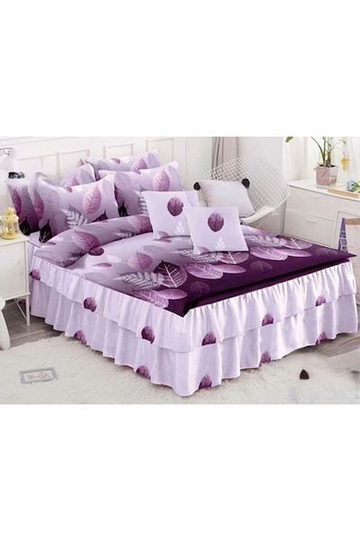 OEM Double Bed Linen Set, Frills, Spring Design, Purple Leaves, 6 Pieces, Finet, 200x230cm