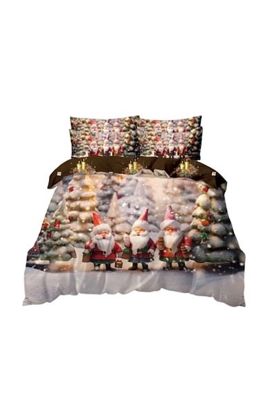 OEM Lenjerie de pat, Finet, Imprimeu Festiv Craciun, Spiridusi, 6 piese, 2 persoane, 240x250cm, Multicol