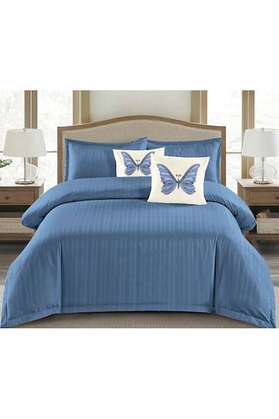 OEM Set de lenjerie de pat dublă, Spring, Damasc, 6 piese, 180x200cm, alb-bleumarin