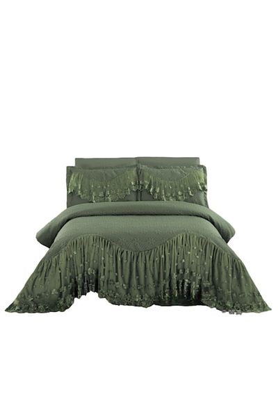 JOJO HOME Cuvertura si 2 fete de perna, cu Volanase Brodate, 2 persoane, 3 piese, 220X280cm, Verde