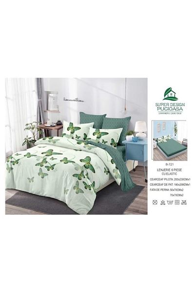 OEM Double Bed Sheet Set with Elastic, 6 Pieces, 180X200 cm, Green Butterfly Print, Multicolor