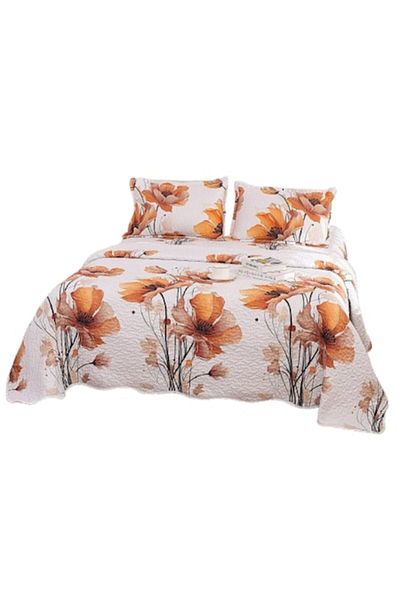 OEM Cuvertura de pat, Microfibra, 3 piese, 2 persoane, 220x240cm, Imprimeu Flori Portocaliu, Multicolor