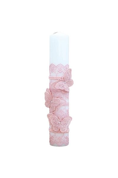 OEM Lumânare de botez, brodată cu fluturi, 30x6,5cm, roz pudrat