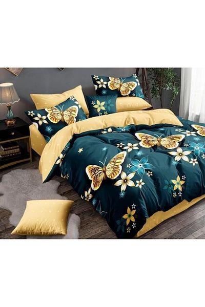 OEM Double Bed Linen Set, Finet, 6 Pieces, 2 Persons, Yellow Butterfly Print, 230x250cm, Multicolor