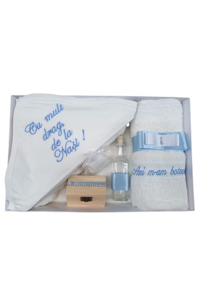 OEM Trusou pentru botez, 'Cu mult drag de la Nasi', 7 piese, Bleu cu pietre