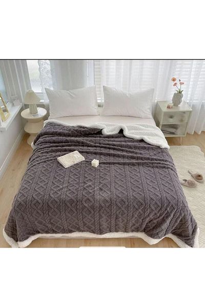 OEM Sherpa Throw Blanket, Grofat 3D Knit, 200x230cm, Dark Gray
