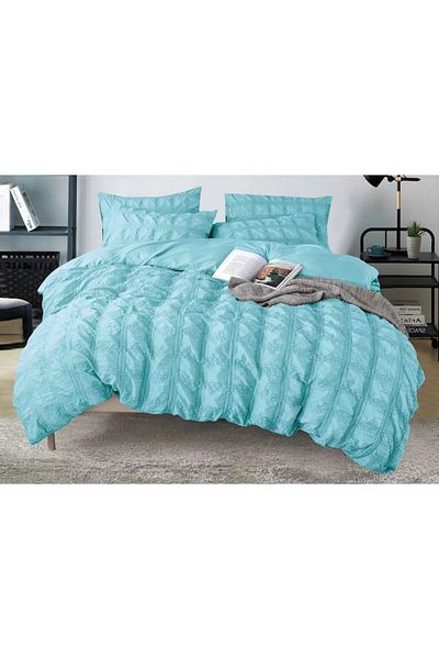 OEM Set de lenjerie de pat dublă, Sonia-Home, Finet, Uni, Creponat Design, 6 piese, 220x240cm, Turcoaz deschis