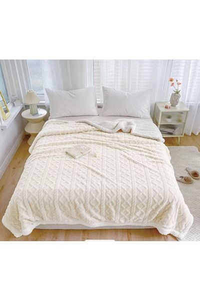 OEM Patura Imblanita, Sherpa Throw, Grofat 3D Tricot, 200x230cm, Alb Unt
