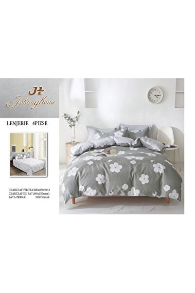 OEM Double Bedding Set, Satin Cotton, 4 Pieces, Grey-White Print, 200x230cm