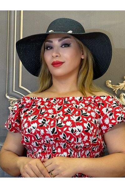 Yeşilmoda Straw Hat Seashell Black and Green Wide Brim Sun Protection Beach Hat Summer Women
