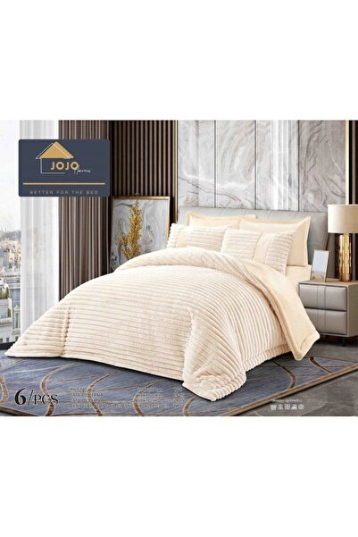 JOJO HOME Double bed linen set, velvet, faux rabbit fur, plain, 6 pieces, 180x200cm, off-white