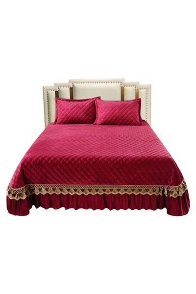 JOJO HOME Cuvertură matlasată de catifea luxoasă și 2 fețe de pernă, Jojo Home, set de 3 piese, 220x240cm, roșu vișiniu