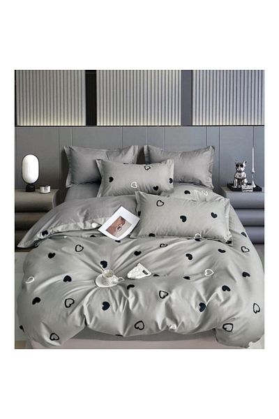 OEM Double Bed Linen Set, Two-Sided, Heart Print, 6 Pieces, 2 Persons, 180x200cm, Satin Finet, Gray-Blac