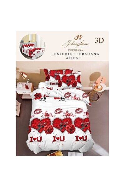 OEM Lenjerie de pat, Finet, Imprimeu 3D Multiplicat, 4 piese, 1 persoana, 155x200cm, I Love You, Alb-Ros