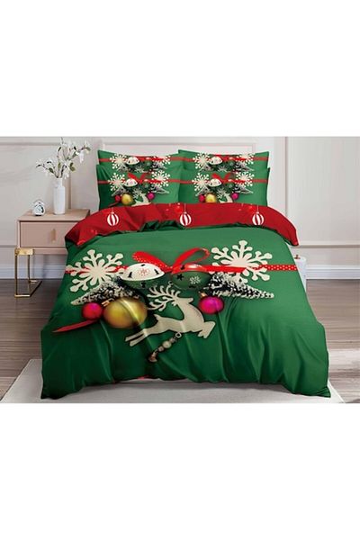 OEM Double Bed Linen Set, Christmas 3D Model, 6 Pieces, Green
